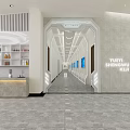 Modern Office Corridor With Wooden Doors Wall Paintings Ceiling Lighting And Polished Floor