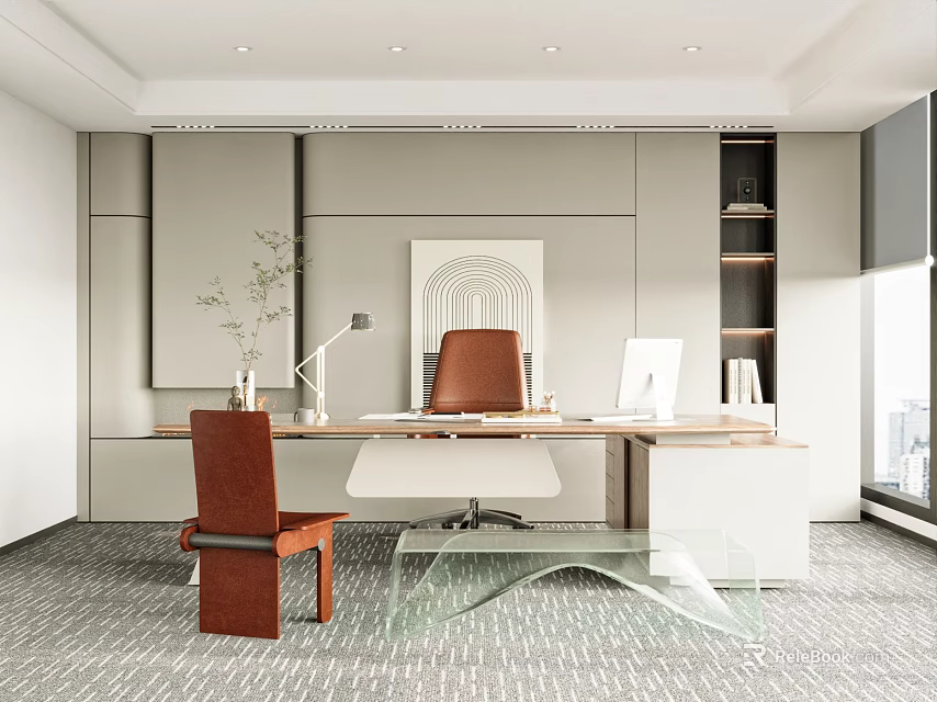 Modern Office Interior With Wooden Desk Brown Leather Chair Glass Coffee Table And Natural Light 3d model 