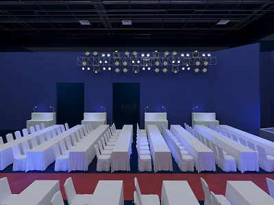 Well Lit Spacious Banquet Hall With Long Tables White Tablecloths And Chairs 3d model