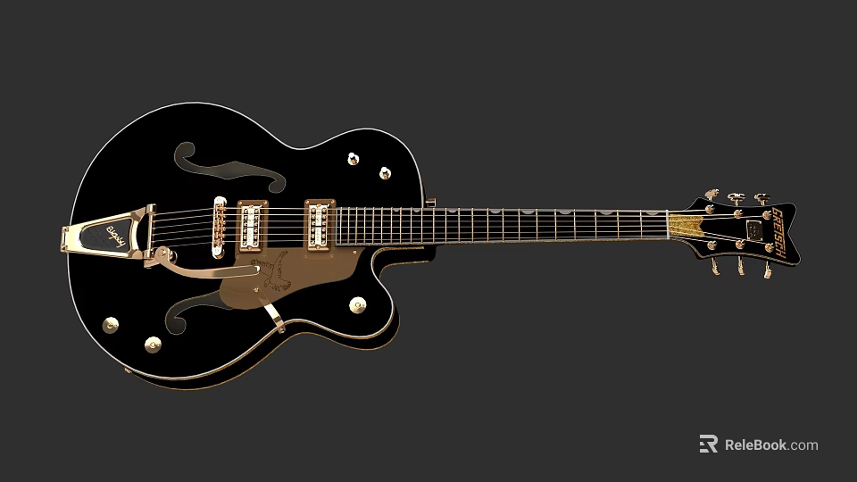 Black Hollow Body Electric Guitar Featuring Gold Accents And Musical Instrument Details 3d model 