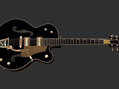 Black Hollow Body Electric Guitar Featuring Gold Accents And Musical Instrument Details 3d model