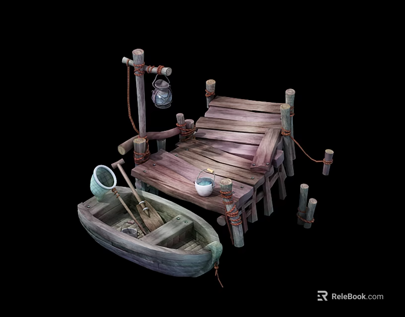 Wooden Boat Moored at Wooden Dock With Lantern Bucket and Fishing Net 3d model 