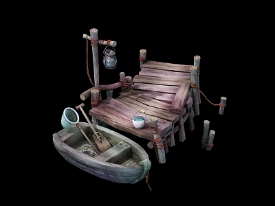 Wooden Boat Moored at Wooden Dock With Lantern Bucket and Fishing Net 3d model