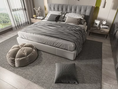 Double Bed Interior With Gray Headboard Black And White Checkered Blanket Round Pouf And Rug 3d model
