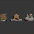 Fresh Food Collection with Strawberries Green Vegetables in Sacks Woven Baskets and Clay Pot