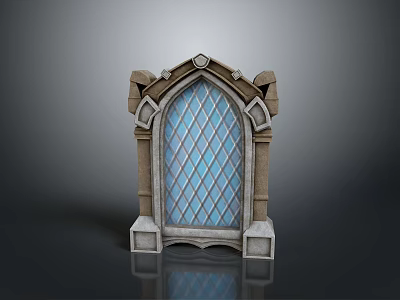 Detailed Decorative Arched Stone Door Frame With Blue Diamond Lattice Glass 3d model
