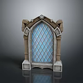 Detailed Decorative Arched Stone Door Frame With Blue Diamond Lattice Glass