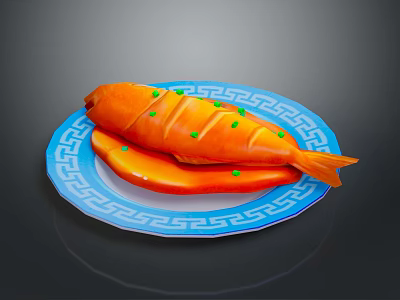 Delicious Cooked Orange Fish Served on Blue Patterned Plate with Green Garnish 3d model
