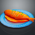 Delicious Cooked Orange Fish Served on Blue Patterned Plate with Green Garnish
