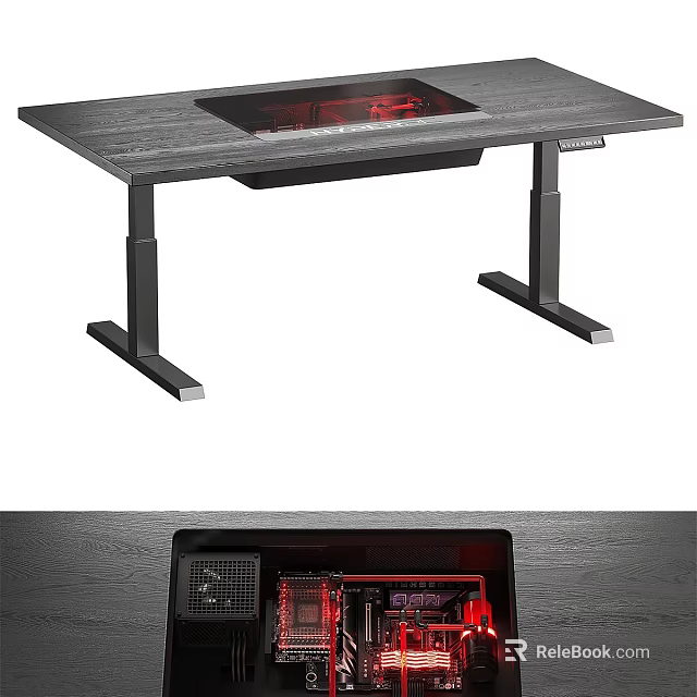 Functional Gaming Desk With Wooden Surface Black Metal Legs And Red LED Lighting 3d model 
