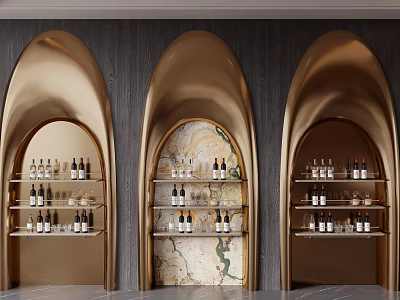 Elegant Golden Arched Wine Cabinet Featuring Marble Backdrop And Wine Bottles Glasses 3d model