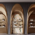 Elegant Golden Arched Wine Cabinet Featuring Marble Backdrop And Wine Bottles Glasses