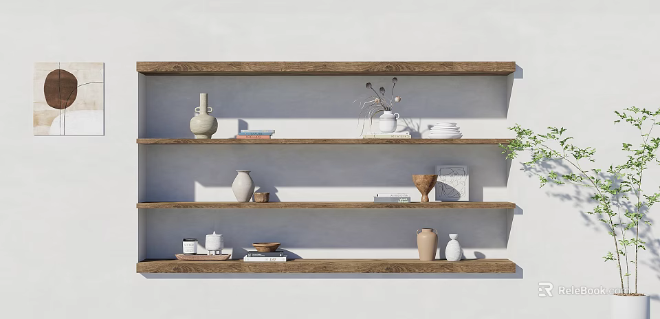 Stylish Wooden Decorative Shelf Unit With Vases Bowls Books And Decorative Items On White Wall 3d model 