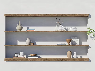 Stylish Wooden Decorative Shelf Unit With Vases Bowls Books And Decorative Items On White Wall 3d model