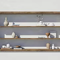Stylish Wooden Decorative Shelf Unit With Vases Bowls Books And Decorative Items On White Wall