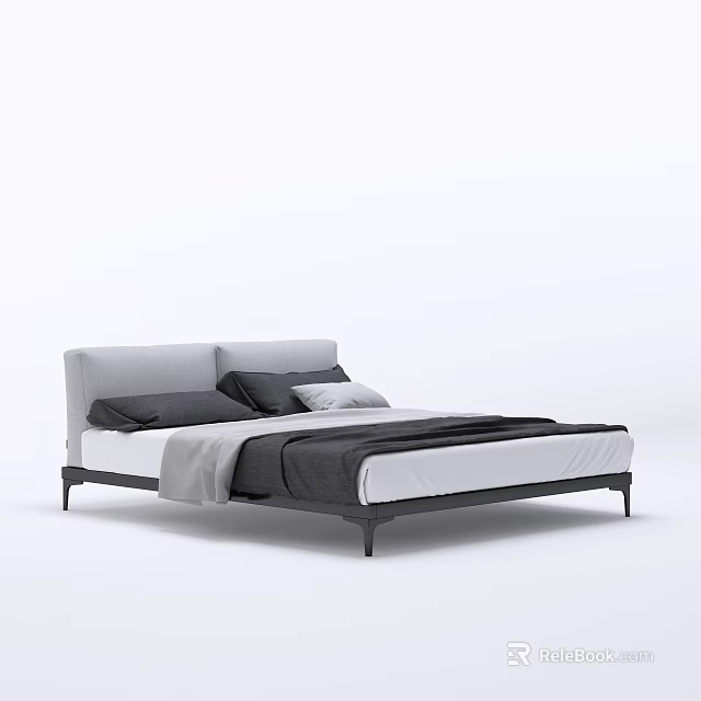 Modern Minimalist Double Bed With Light Gray Headboard Black Frame And Bedding 3d model