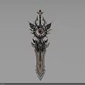 Ornate Fantasy Sword With Winged Elements Central Gemstone And Metallic Finish