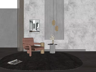 Pink Upholstered Accent Chair With Round Dark Rug Side Table Wall Art And Pendant Lights 3d model