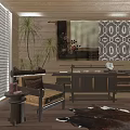 Natural Style Wooden Lounge Chair With Palm Plants Side Table And Decorative Rug