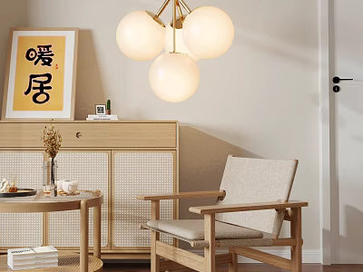 Gold Frame Spherical Lampshade Chandelier In Cozy Living Room Wooden Furniture Warm Home 3d model