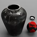 Traditional Chinese Black Ceramic Jars With Red Lid Fortune Character And Small Dish