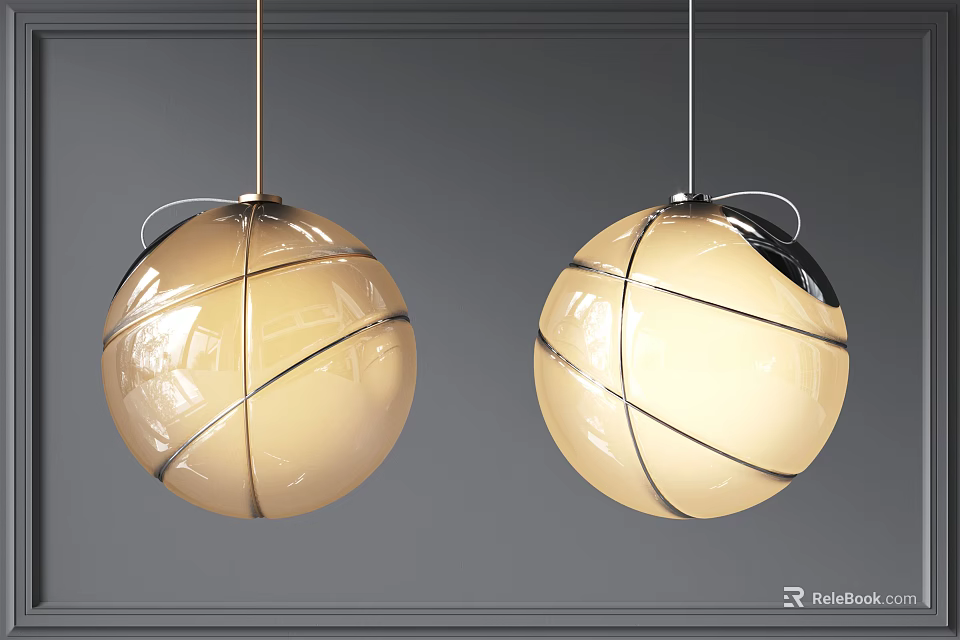 Modern Spherical Pendant Lights with Cream Colored Shades and Black Lines Design 3d model 