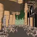 Earthy Rustic Restaurant Interior With Cylindrical Columns Hanging Lamps Green Plants And Metal Tables