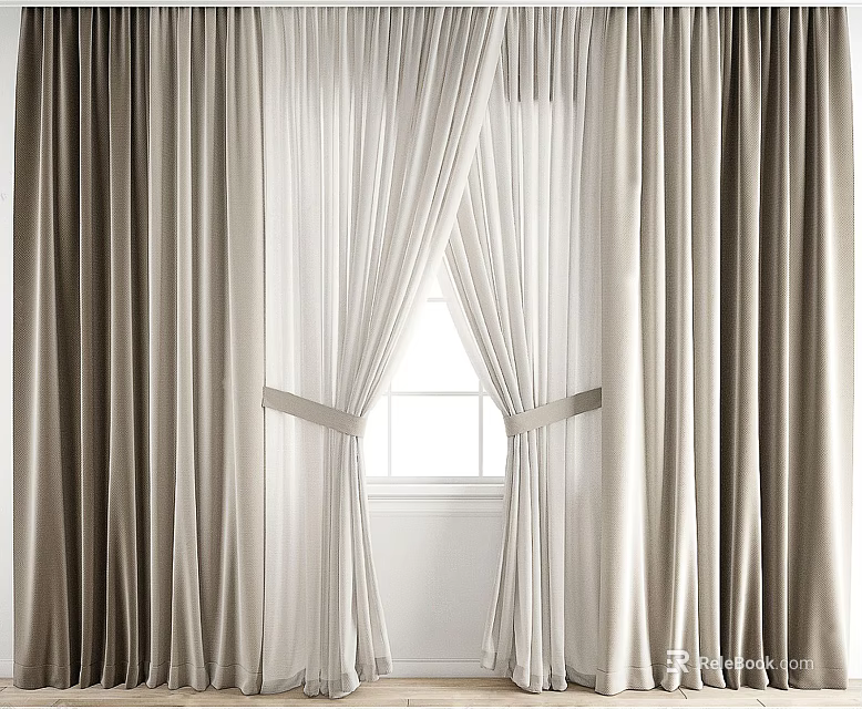 Beige and White Curtains with Elegant Drapery Tied by Sashes and Window Background 3d model 