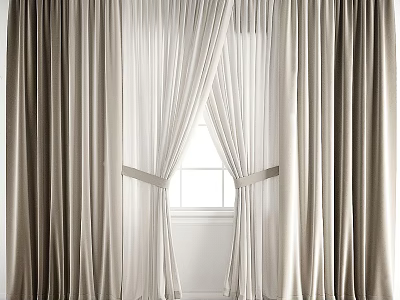 Beige and White Curtains with Elegant Drapery Tied by Sashes and Window Background 3d model