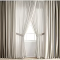 Beige and White Curtains with Elegant Drapery Tied by Sashes and Window Background