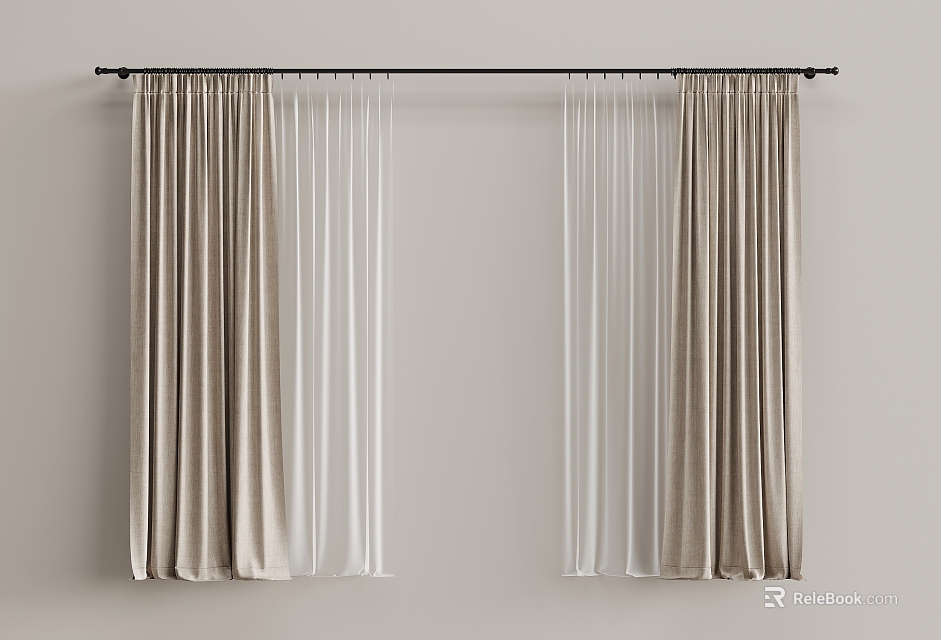 Modern Elegant Curtain Design With Beige Velvet Drapes And White Sheer Panels On Rod 3d model 
