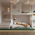 Modern Kids Room Interior Design With Loft Bed Staircase Pendant Lights Desk And Orange Chair