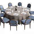 Elegant Round Dining Table Set With Blue Upholstered Chairs Wooden Legs And Dinnerware 3d model