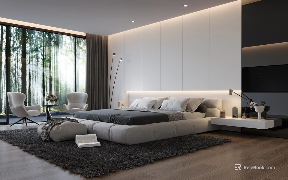 Modern Bedroom Interior With Large Windows Natural View Grey Bed White Wall And Wooden Floor 3d model 