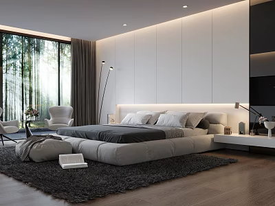 Modern Bedroom Interior With Large Windows Natural View Grey Bed White Wall And Wooden Floor 3d model
