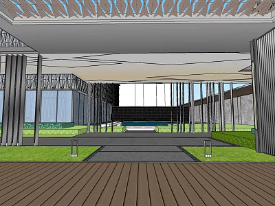 Modern Sales Office Building With Large Glass Windows Open Entrance And Greenery Surroundings 3d model