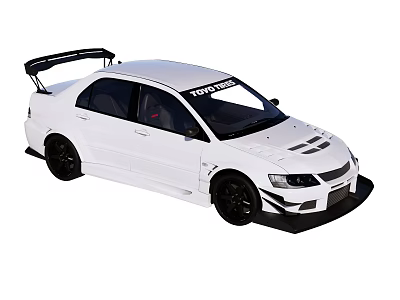 White Racing Car Modified With Black Rear Spoiler Black Wheels And Racing Decal 3d model