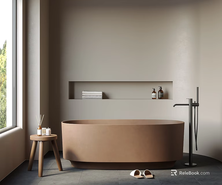 Modern Bathroom With Brown Bathtub Wooden Stool And Minimalist Decor 3d model 