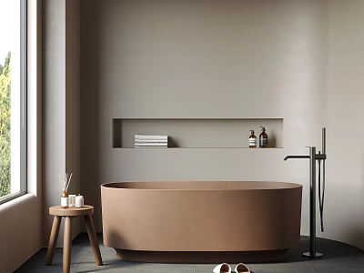 Modern Bathroom With Brown Bathtub Wooden Stool And Minimalist Decor 3d model