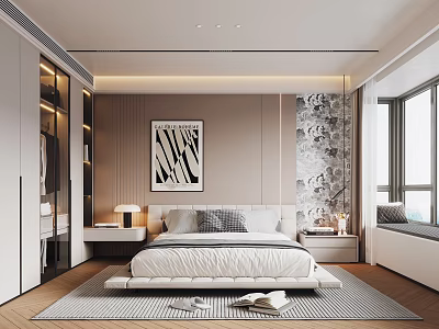 Modern Bedroom Interior Design With White Bed Bedside Tables Textured Wall And Decorative Painting 3d model