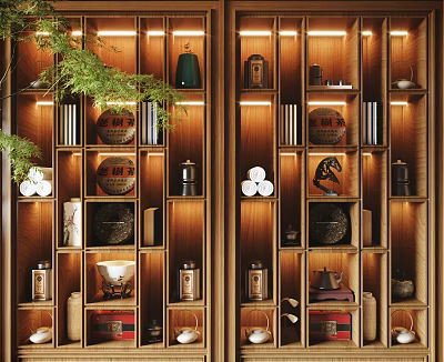 Traditional Interior Decorative Ornament Arrangement On Wooden Shelf With Vases Statues And Books 3d model