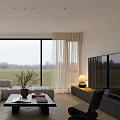 Modern Living and Dining Area With Large Windows Grassland View Light Sofa And Wooden Flooring