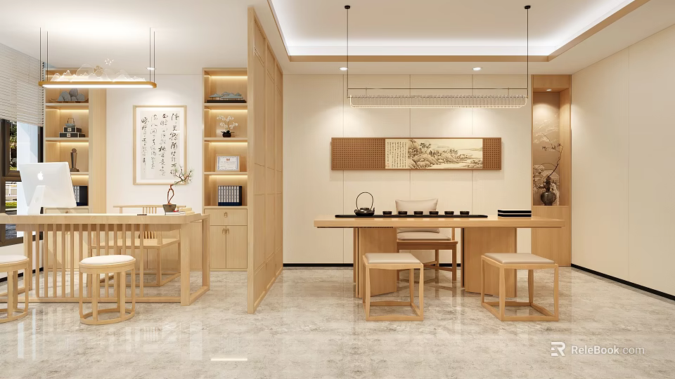 Hospital Outpatient Clinic Chinese Style Interior With Wooden Furniture And Art Decor 3d model 