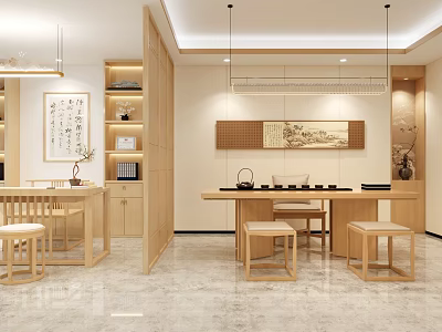 Hospital Outpatient Clinic Chinese Style Interior With Wooden Furniture And Art Decor 3d model