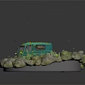 Vintage Green Truck Miniature Scene With Surrounding Rocks And Lush Plants