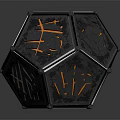 Modern Decorative Polyhedral Furniture Featuring Metallic Texture Gray Black Tones Orange Lines And Red Circle