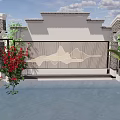 Elegant Building Exterior Wall With Patterned Grille Stone Pillars Red Roses Palm Plants And Reflective Pool
