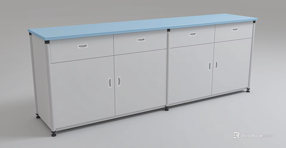 School Storage Cabinet With Blue Countertop White Doors And Drawers 3d model 