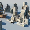 Various Detailed Building Components Including Towers Columns Roofs And