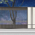 Modern Feature Wall Design With Vertical Slats Greenery And People Walking 3d model